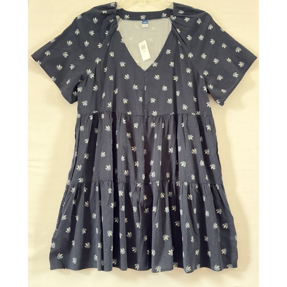 Old Navy VNeck Mini Swing Dress Blue Floral V Neck Short Sleeve Large Petite NwT